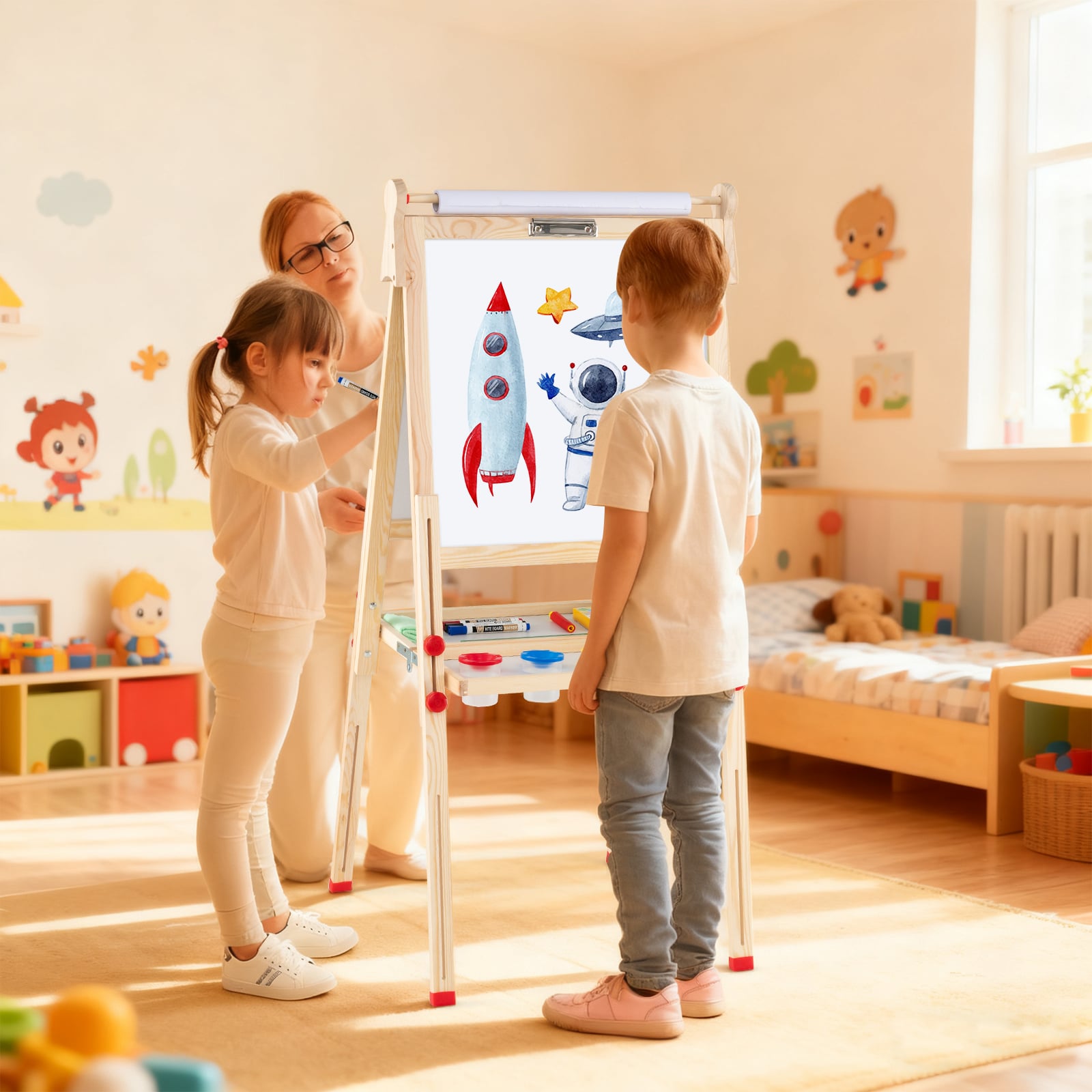 Regulacja wysokości drewnianej sztalugi dziecięcej 3w1