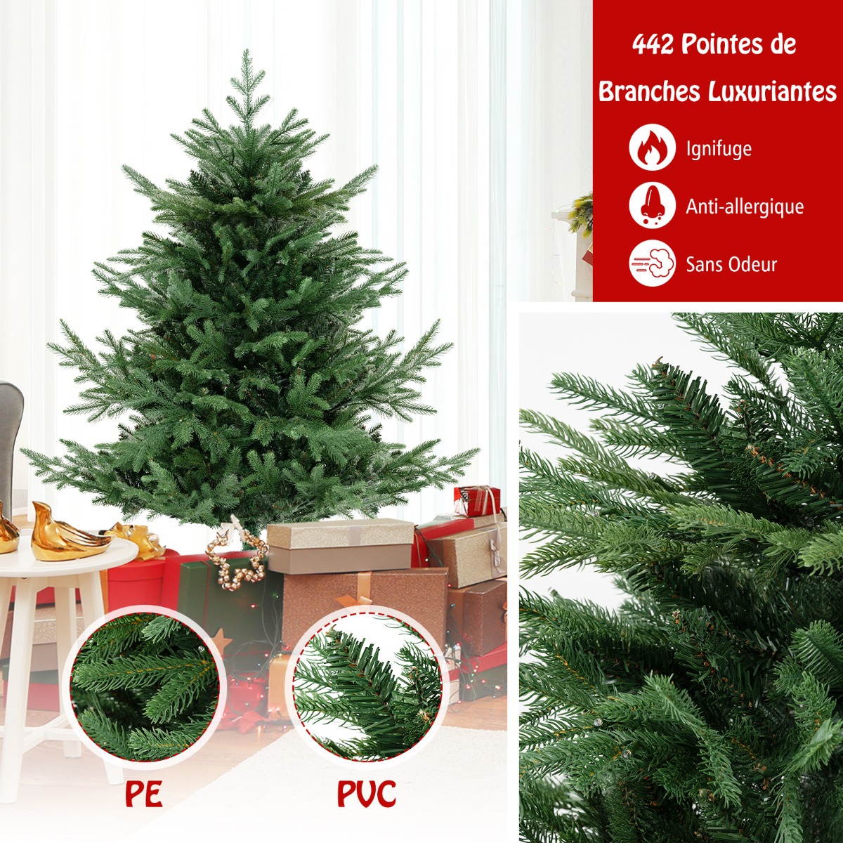 Choinka sztuczna 135 cm prezentująca się we wnętrzu domowego salonu
