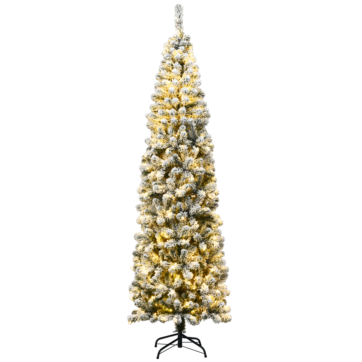 Wąska choinka sztuczna ośnieżona z LED Slim 225 cm w salonie