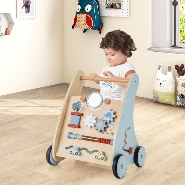 Panel sensoryczny i funkcje edukacyjne niebieskiego pchacza drewnianego