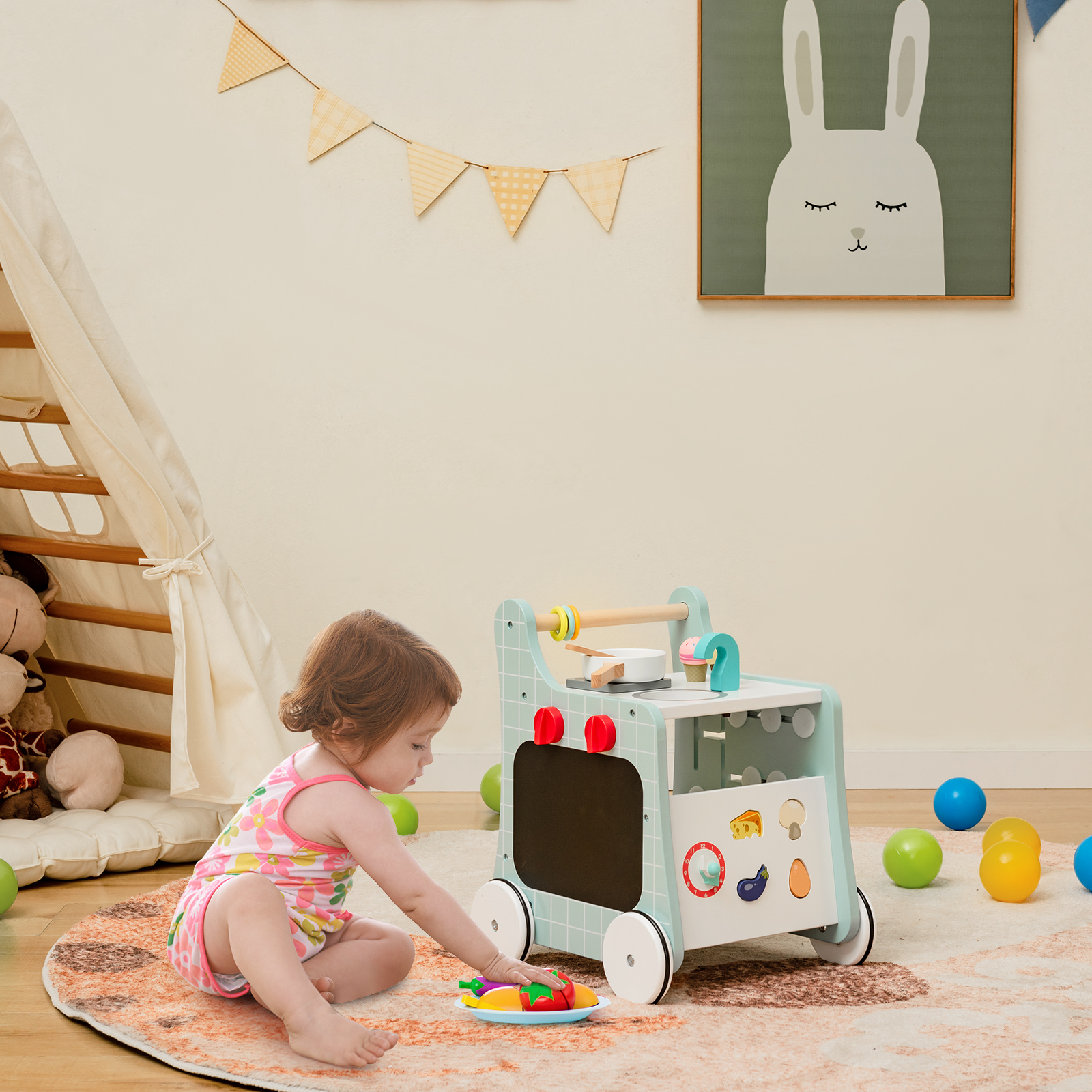 Drewniany pchacz edukacyjny 6w1 dla dzieci niebieski – widok główny